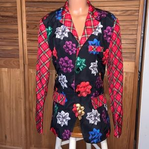 Holiday time plaid Christmas jacket with gift bows all over size small 34/36 US4